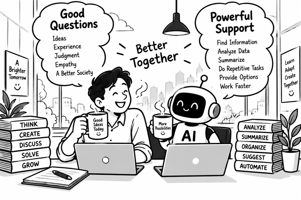 Human and AI working together, combining human judgment and creativity with AI support