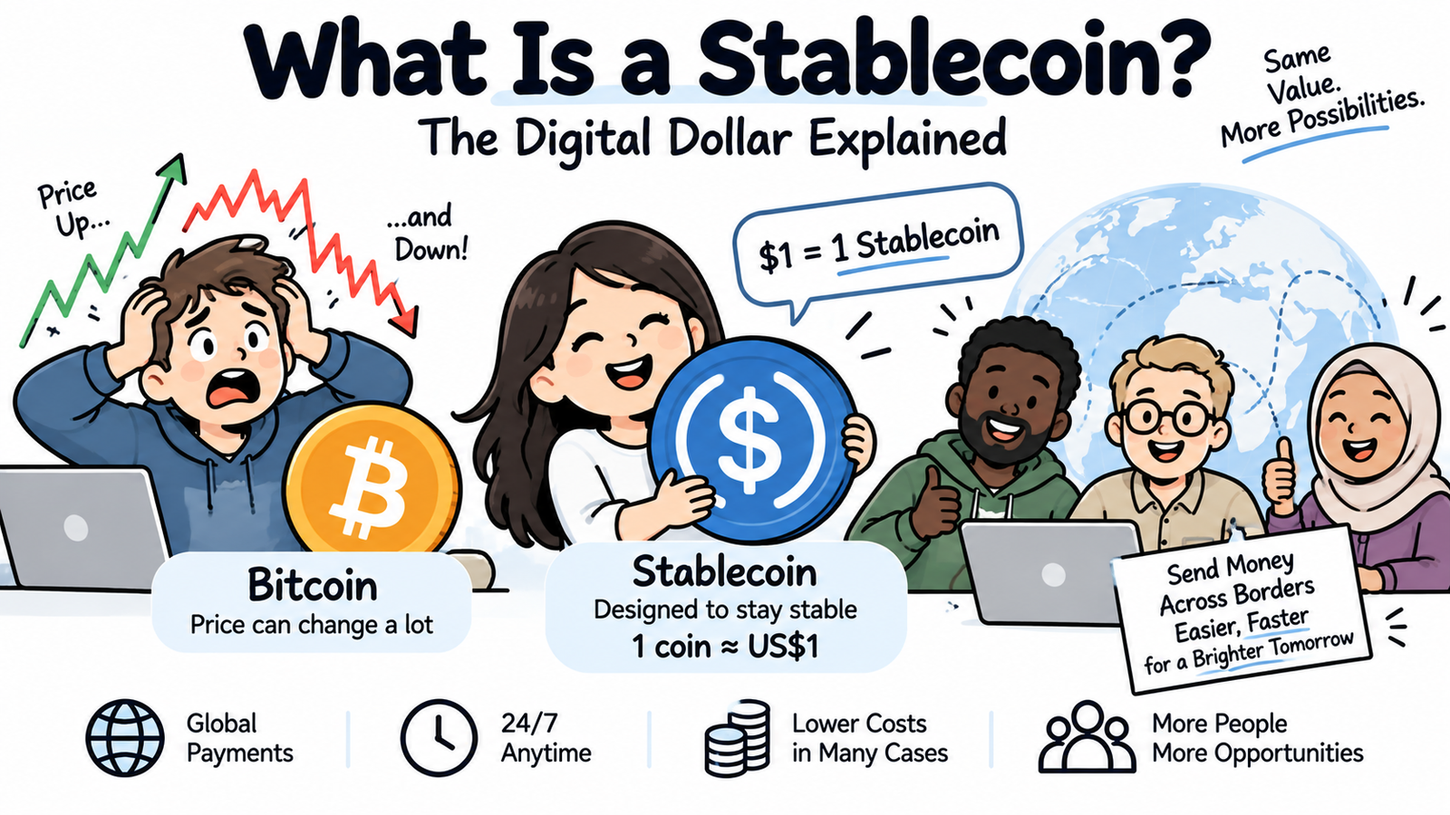 Cartoon illustration explaining how stablecoins differ from Bitcoin and how digital dollars can support global payments