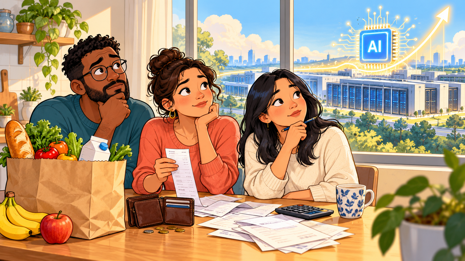 Three adults reviewing household bills and groceries with an AI data center in the background.
