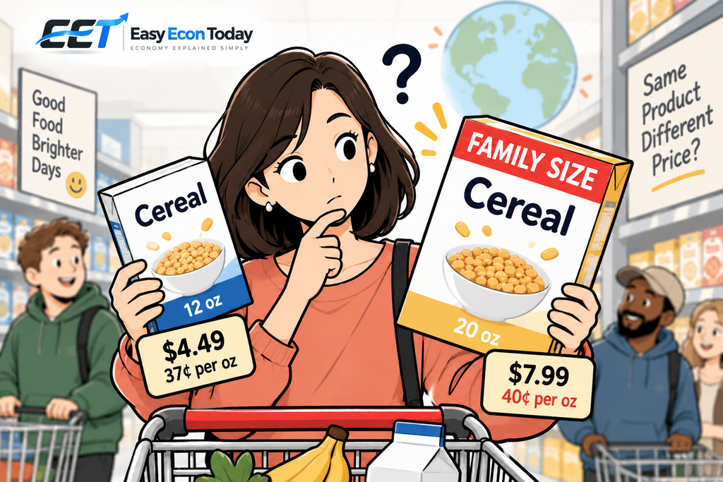 Shopper comparing the unit price of regular and family-size cereal packages