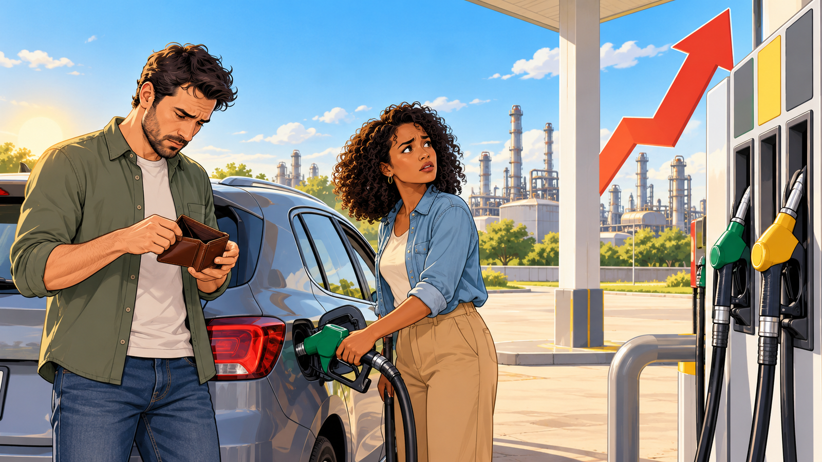 Drivers concerned about rising petrol prices at a gas station.